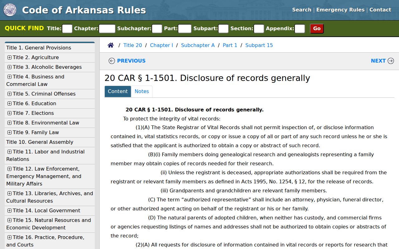 Pulaski County previous residents Arkansas vital records disclosure rule