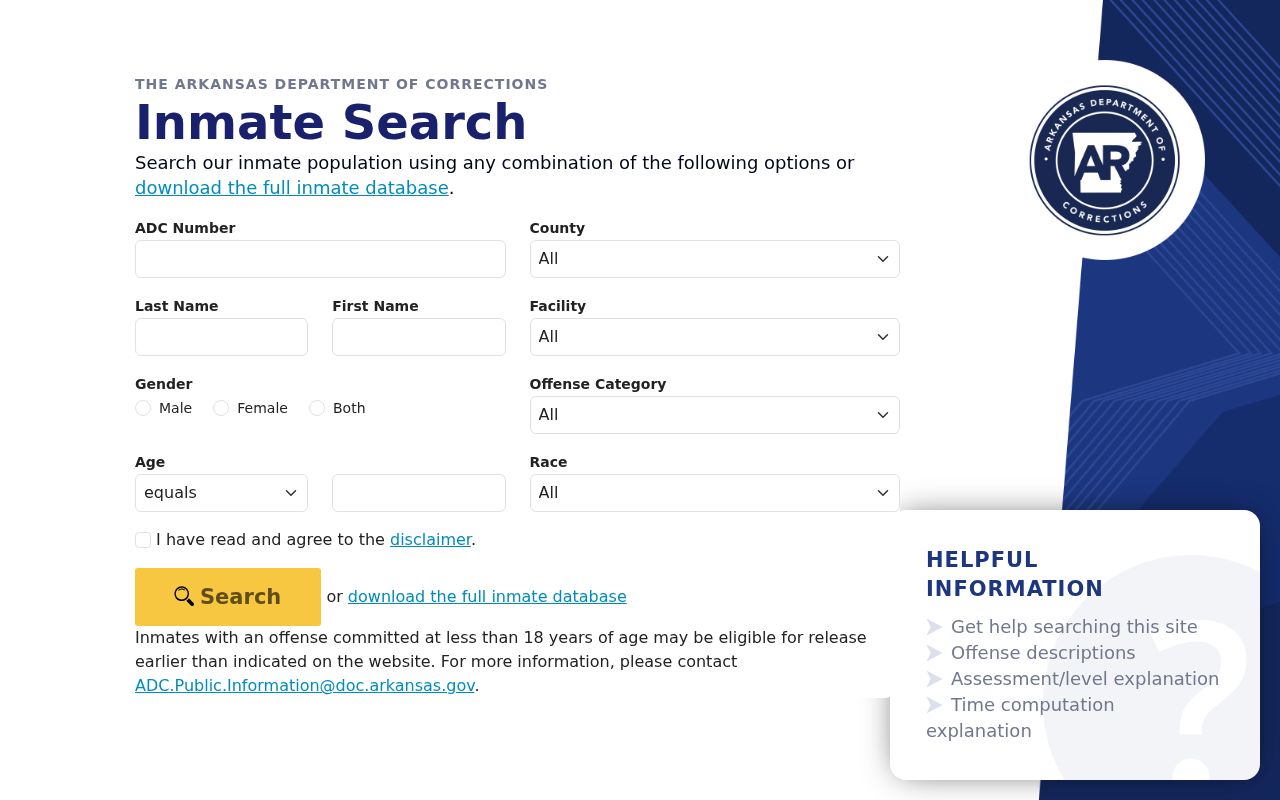 Pulaski County resident lookup through the Arkansas inmate search
