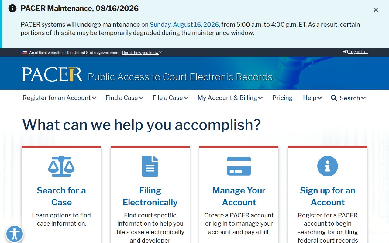 Pulaski County resident lookup through the federal PACER portal